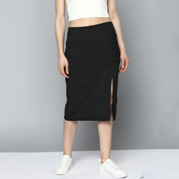 https://wavique.com/products/women-black-pure-cotton-solid-ruched-straight-skirt